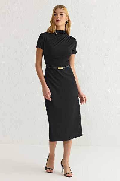 Black Bodycon Midi Dress with Knit Panels - Textured & Fitted