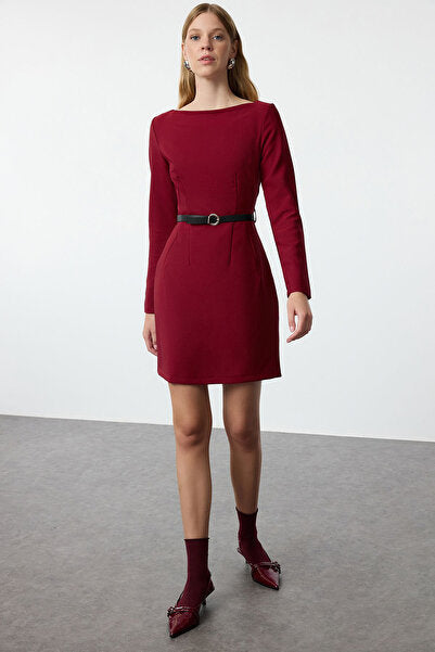 Burgundy Belted Bodycon Mini Dress