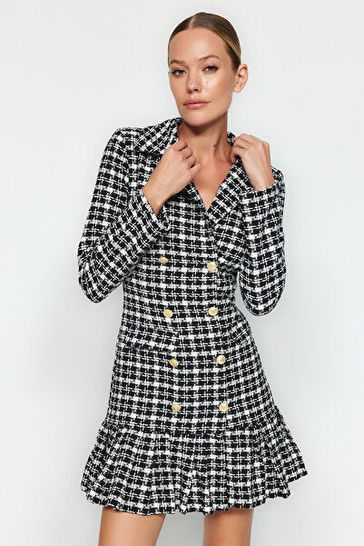 Black Tweed Mini Dress with Flounced Skirt - Textured & Feminine