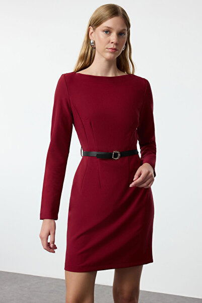 Burgundy Belted Bodycon Mini Dress