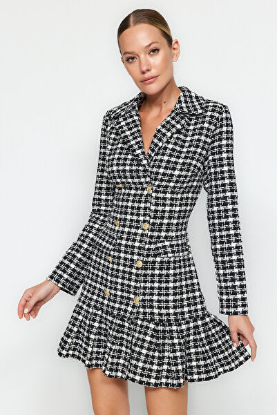 Black Tweed Mini Dress with Flounced Skirt - Chic & Textured