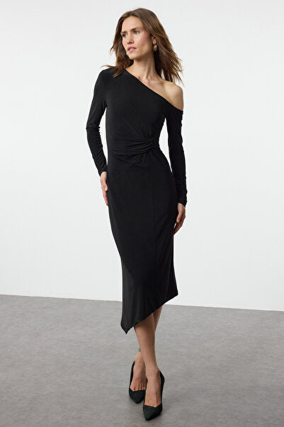 Off-Shoulder Draped Maxi Knit Dress