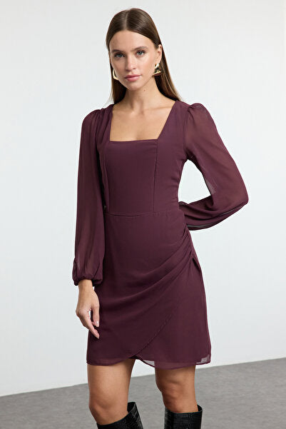 Brown Square Neck Mini Dress - Warm & Elegant