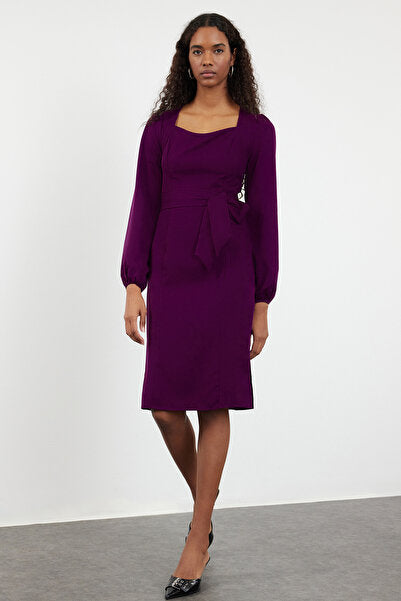 Purple Bodycon Midi Dress with Belt - Figure-Hugging & Royal