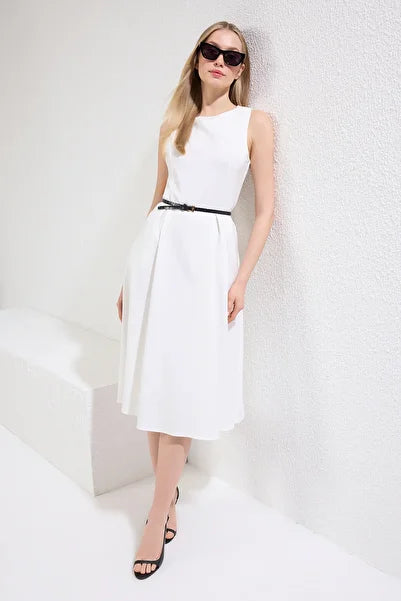 Ecru Pleated Midi Dress - Neutral & Elegant