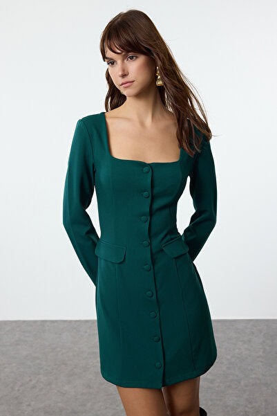 Petrol Blue Jacket Mini Dress with Pockets - Unique & Practical