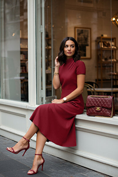 Burgundy Bodycon Midi Dress with Knit Panels - Rich & Textured