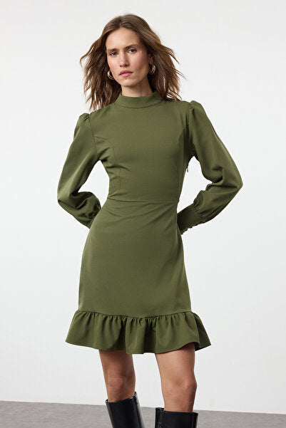 Khaki A-Line Mini Dress with Stand Collar - Utility Chic