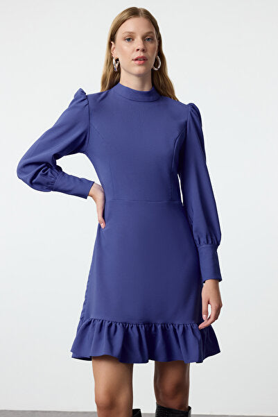 Indigo A-Line Mini Dress with Stand Collar - Deep Blue & Modest