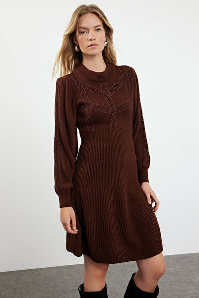 Brown Lace Mini Knit Dress - Earthy & Delicate