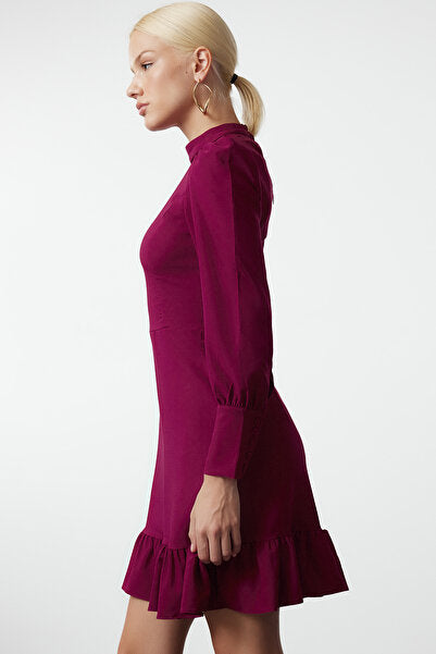 Purple A-Line Mini Dress with Stand Collar - Rich & Modest