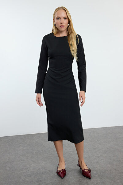 Black Saran Midi Dress - Sleek & Versatile