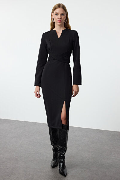 Black Saran Midi Dress - Smooth & Elegant