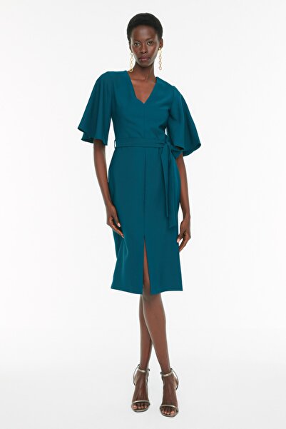 Green Pencil Midi Dress with Belt & Slit - Office to Evening