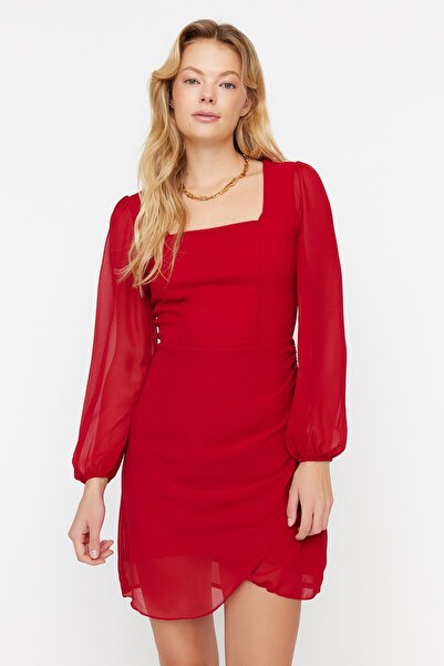 Claret Red Square Collar Dress - Deep Red & Modern