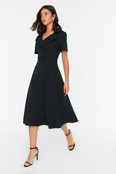 Black Skater Midi Dress with Button Detail - Flowy & Chic