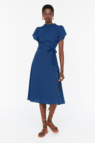 Navy Skater Midi Dress with Belt - Flowy & Flattering