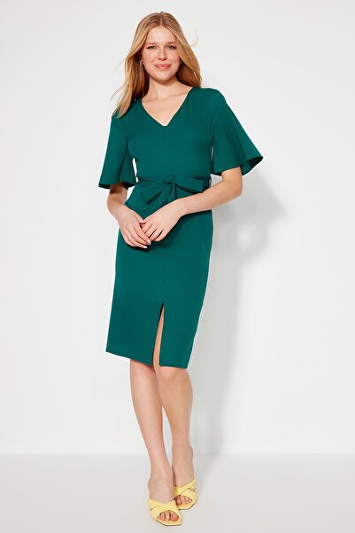 Emerald Green Bodycon Midi Dress with Belt & Slit - Daring & Elegant