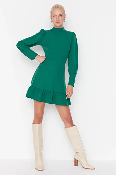 Emerald Green A-Line Mini Dress - Stand Collar Elegance