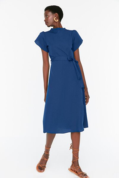 Navy Skater Midi Dress with Belt - Flowy & Flattering