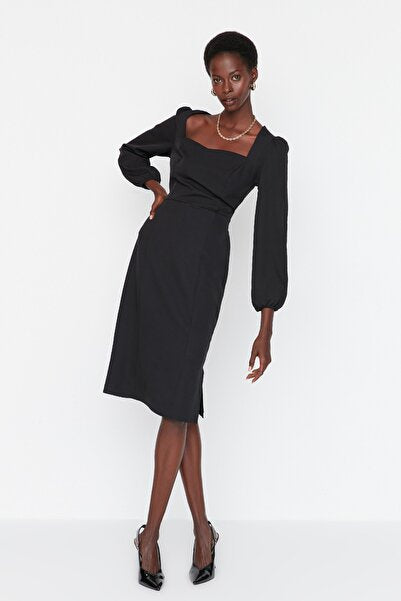 Black Belted Bodycon Midi Dress - Figure-Flattering