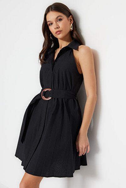 Black Cotton Pleated Mini Dress with Belt - Casual & Chic