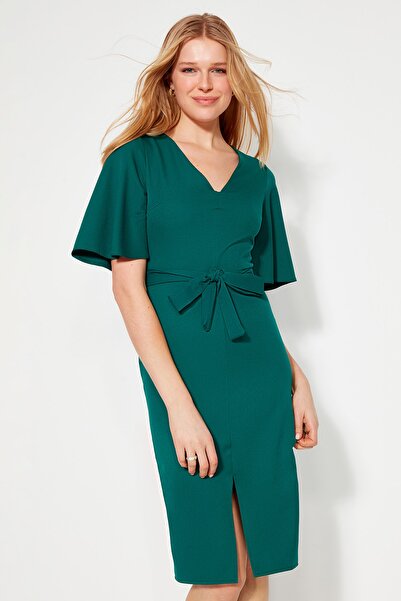 Emerald Green Bodycon Midi Dress with Belt & Slit - Daring & Elegant