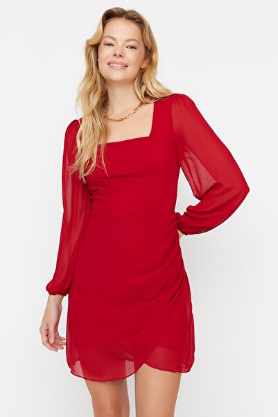 Claret Red Square Collar Dress - Deep Red & Modern