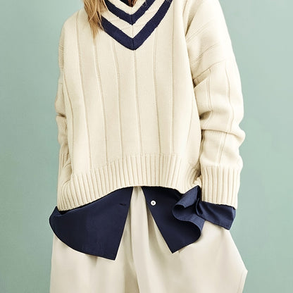 Striped Elegance V-Neck Pullover