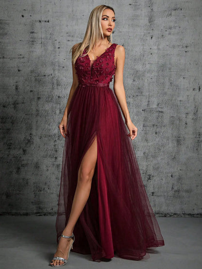 Sequin Embroidered Mesh Slit Maxi Dress - Claret