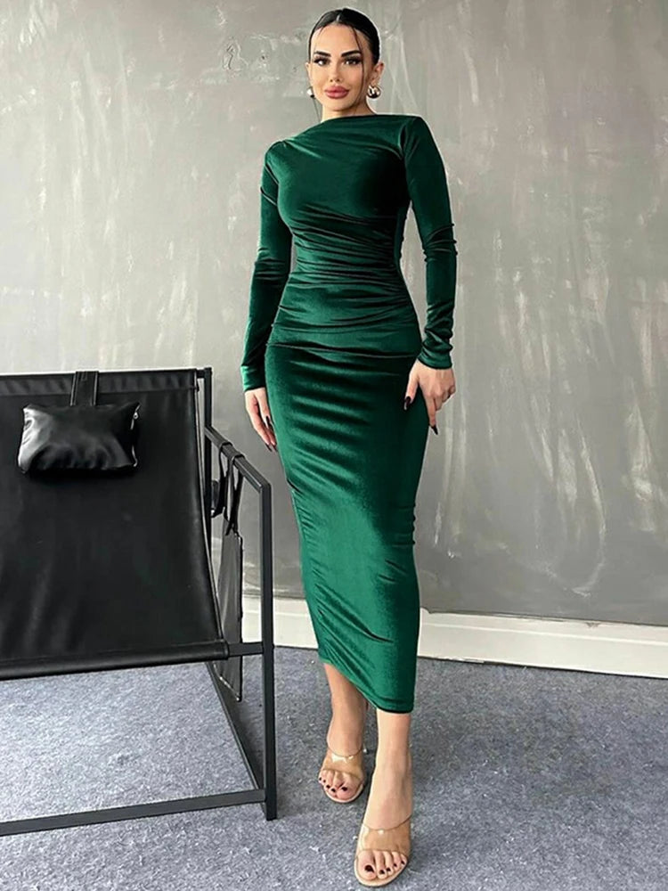 Velvet Long Sleeve Midi Dress - Green
