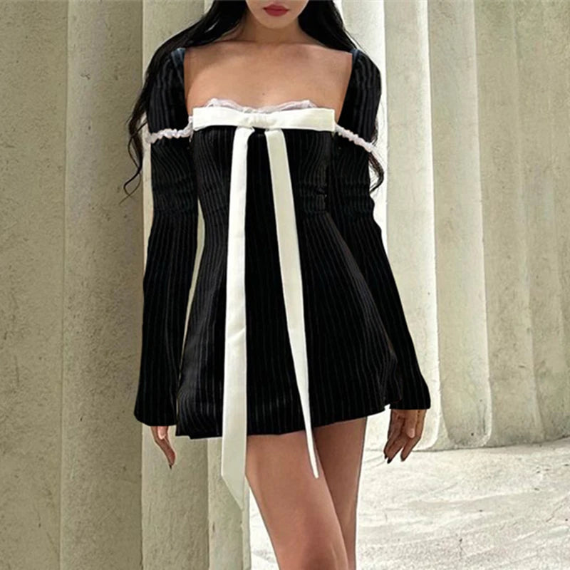 Retro Bow Patchwork Mini Dress