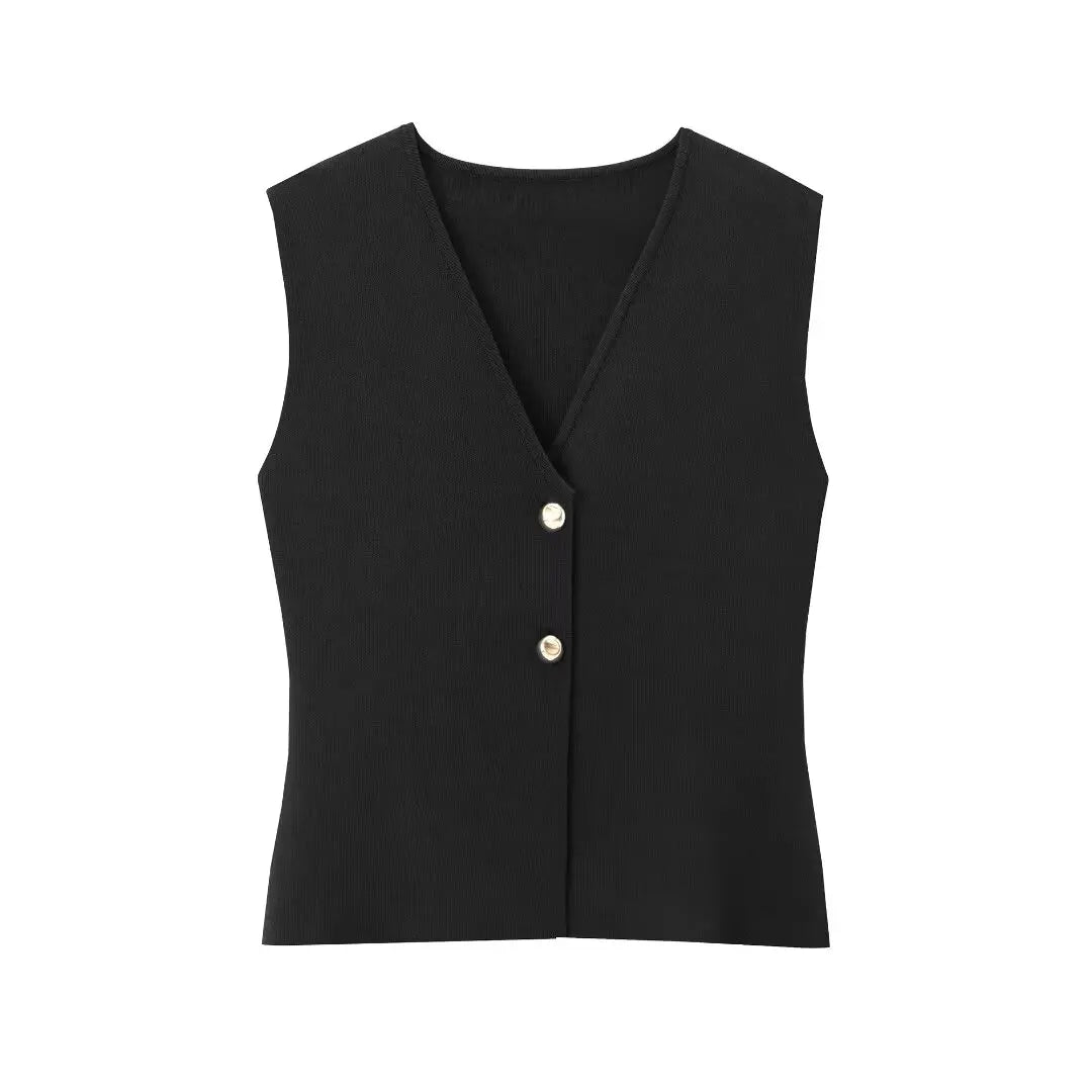 Knitted Vest & High-Waist Skirt Set - Black Suit