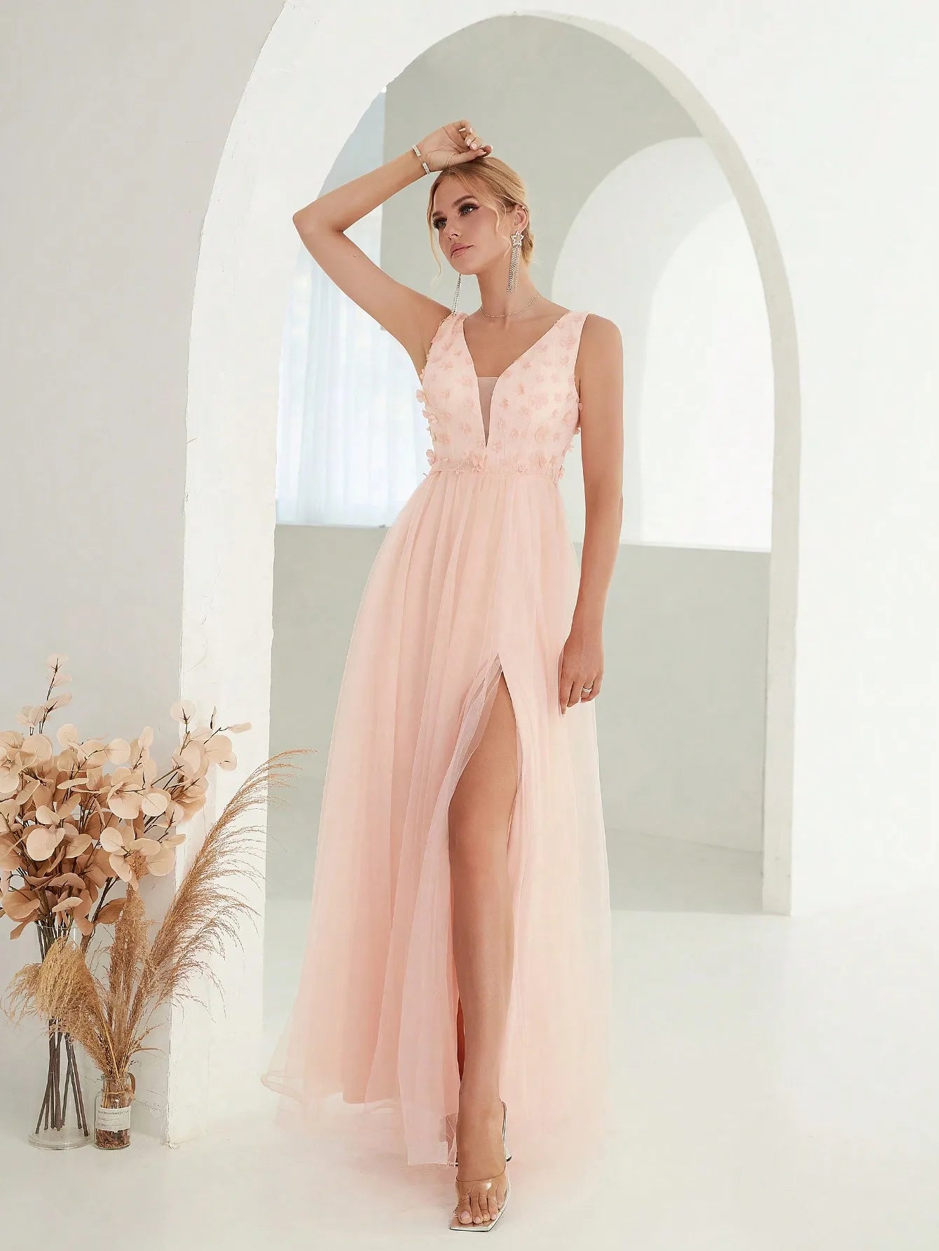 Sequin Embroidered Mesh Slit Maxi Dress - Yellow