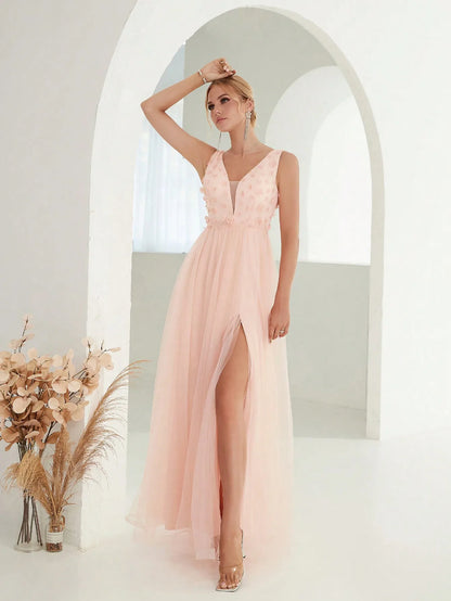 Sequin Embroidered Mesh Slit Maxi Dress - Yellow