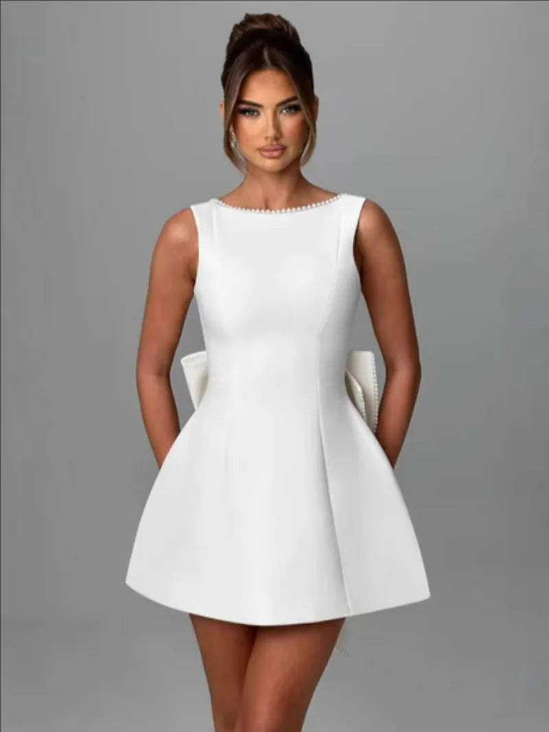 Elegant Pearl Bow Backless Mini Dress - White