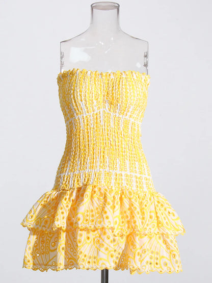 Strapless Layered Hem Mini Dress - Yellow