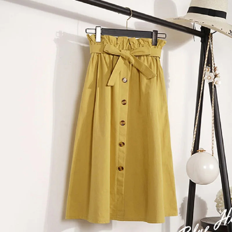 Summer Autumn High Waist Pleated Midi Skirt