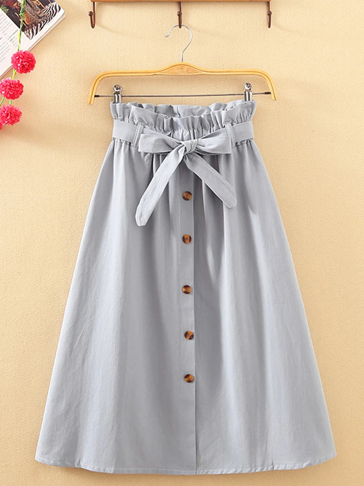 Summer Autumn High Waist Pleated Midi Skirt