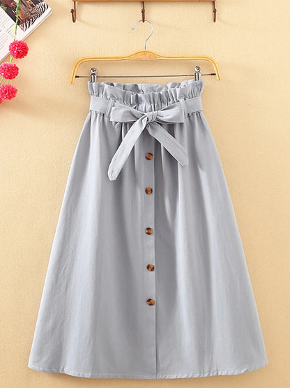 Summer Autumn High Waist Pleated Midi Skirt