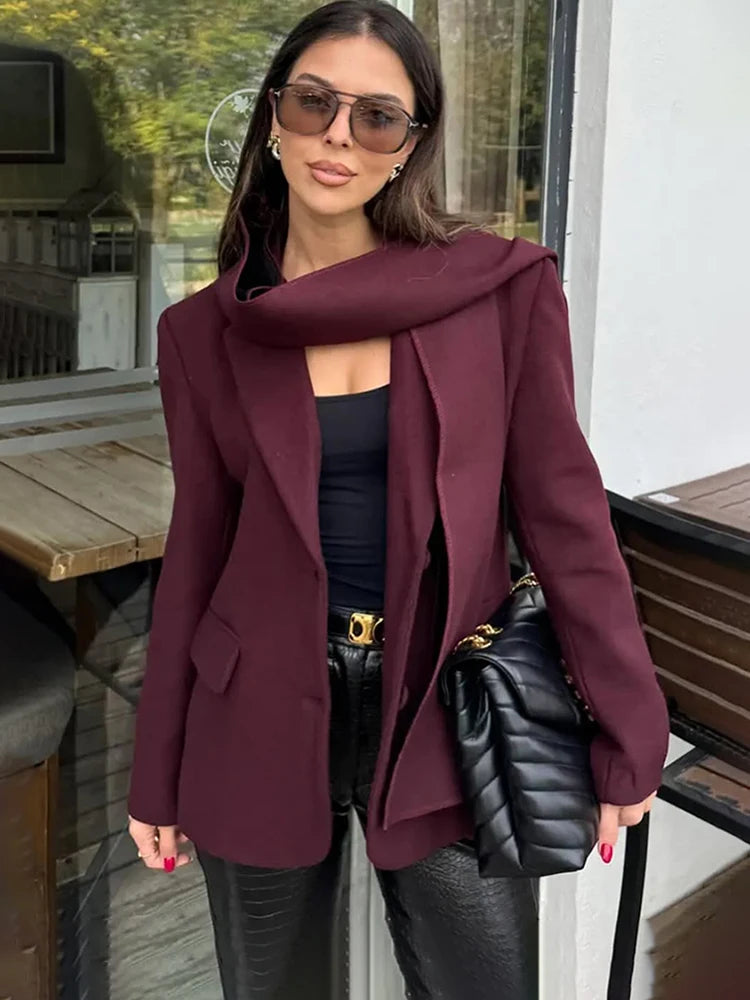 Woolen Blazer Jacket with Scarf - Red