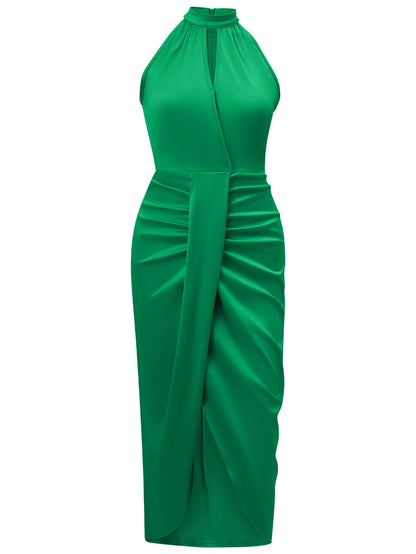 Elegant Halter Evening Midi Dress - Green