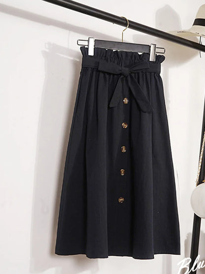 Summer Autumn High Waist Pleated Midi Skirt