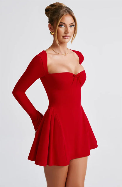 Square Collar Long Sleeve Mini Dress - Red