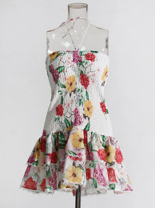Strapless Layered Hem Mini Dress - Whiteprint