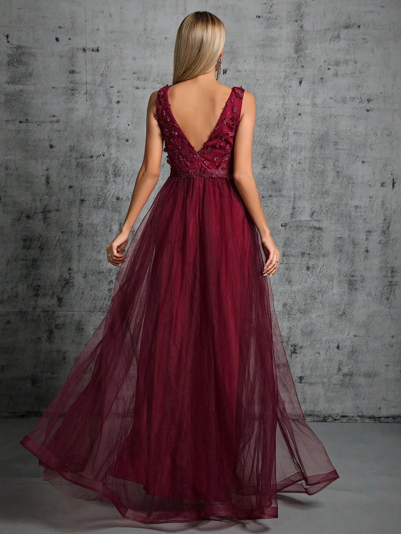 Sequin Embroidered Mesh Slit Maxi Dress - Claret