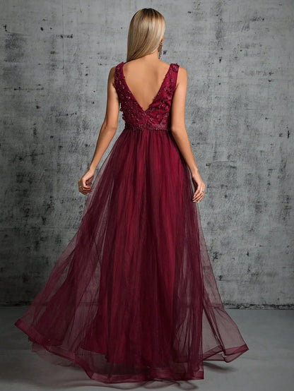 Sequin Embroidered Mesh Slit Maxi Dress - Claret