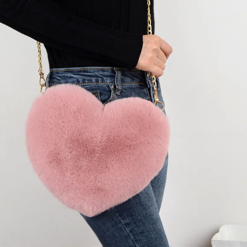 Fluff & Glam: The Chic Heart-Shaped Crossbody Purse