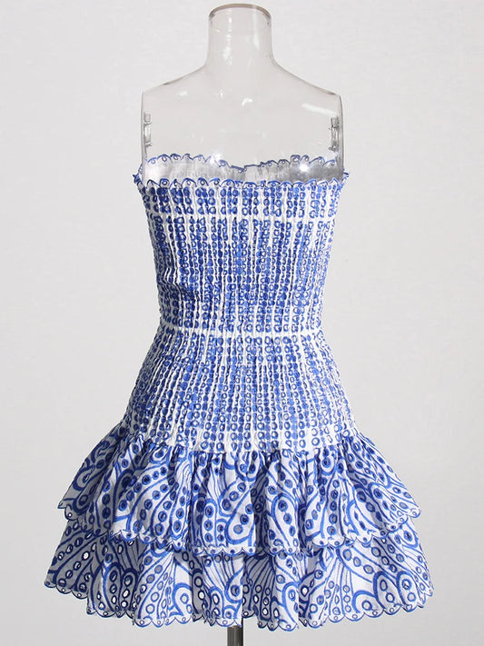 Strapless Layered Hem Mini Dress - Blue