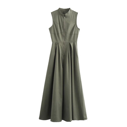 Elegant Pleated Zipper Midi Dress